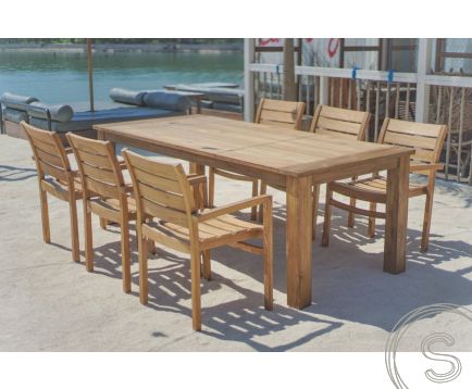 Teak garden table 220 x 100 + 6 garden chairs stacking