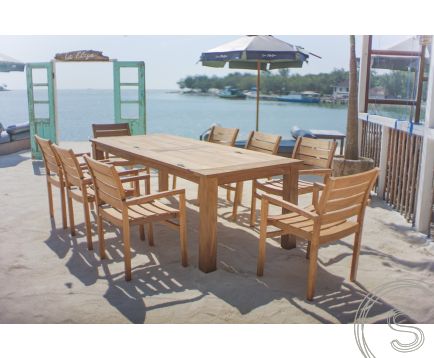 Teak garden table 240 x 100 + 8 garden chairs stacking