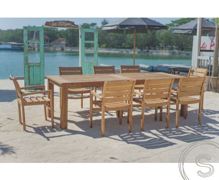Teak garden table 260 x 100 + 8 garden chairs stacking