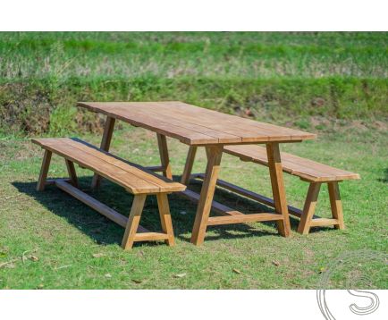 Teak garden table Java 240 x 100 + 2 teak garden benches Java 240