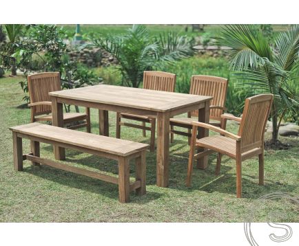 Teak tuintafel 160x90cm + 4 stapelstoelen + bank