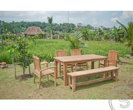 Gartentisch 180x90cm mit 4 Stapelstühle und Bank