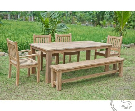 Teak tuintafel 200x100cm + 4 stoelen beaufort + bank
