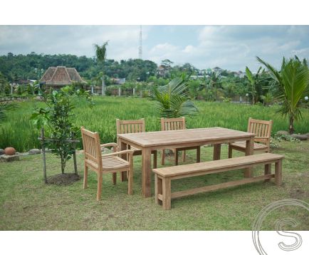 Teak tuintafel 220x100cm + 4 beaufort stoelen + bank