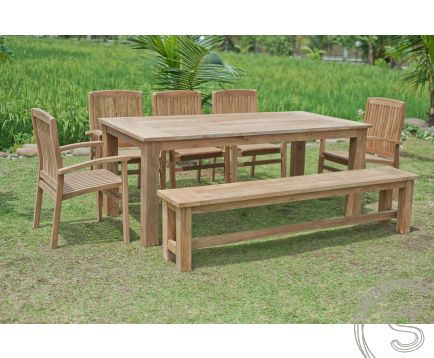Teak tuintafel 220x100cm + 5 stapelstoelen + bank