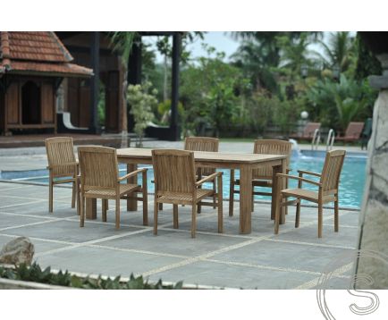 Teak tuintafel 220x100cm + 6 stapelstoelen