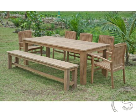 Teak tuintafel 240x100cm + 5 stapelstoelen + bank