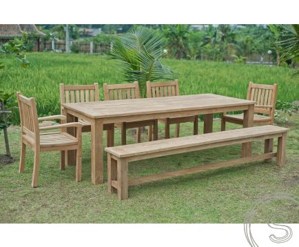 Teak tuintafel 240x100cm + 5 beaufort stoelen + bank