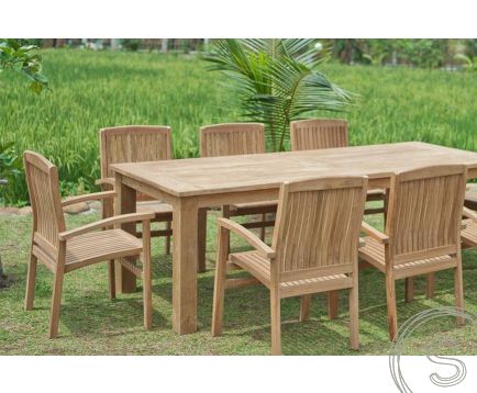 Teak tuintafel 240x100cm + 8 stapelstoelen