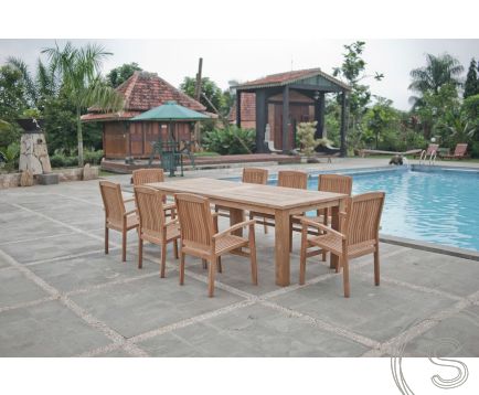 Teak tuintafel 260x100cm + 8 stapelstoelen
