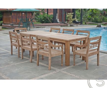 Teak tuintafel 260x100cm + 8 stationsstoelen