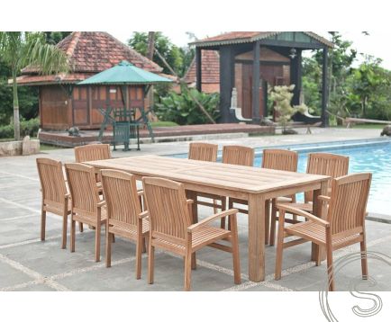 Teak tuintafel 280x100cm + 10 stapelstoelen