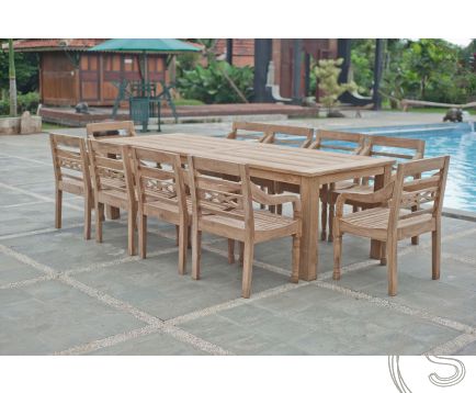 Teak tuintafel 280x100cm + 10 stationsstoelen