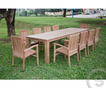 Teak tuintafel 300x100cm + 10 stapelstoelen