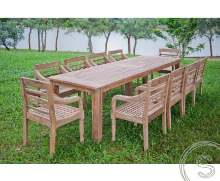 Teak tuintafel 300x100cm + 10 stationsstoelen