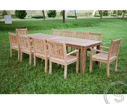 Teak tuintafel 300x100cm + 10 beaufort stoelen