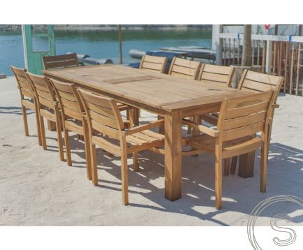Teak garden table 300 x 100 + 10 garden chairs stacking